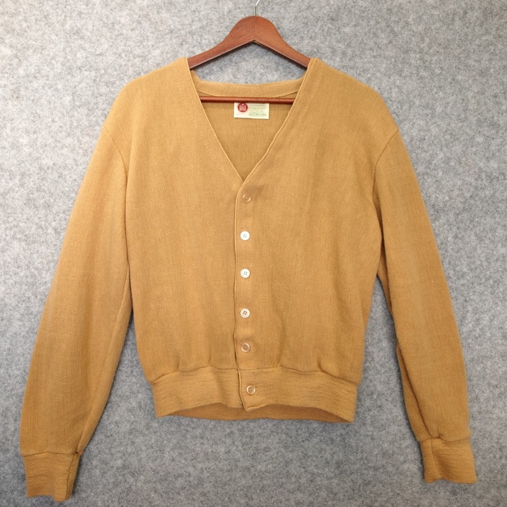 Vintage 70s SEARS Kings Road Cardigan Sweater Mens MEDIUM Retro Slim Tan Grandpa